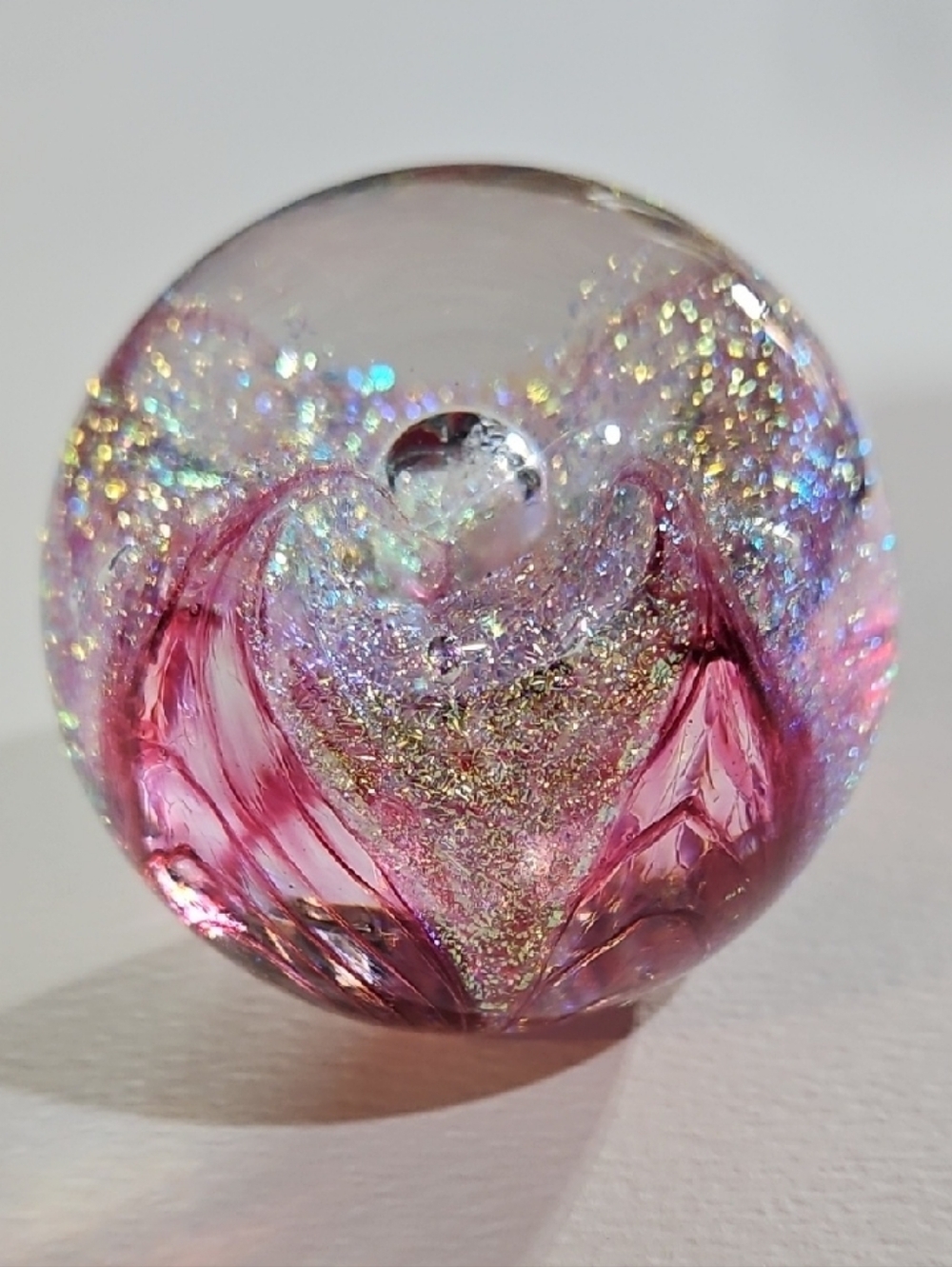 Signed Glass Eye Studio Hand Blown Celestial Cosmic Pink Glass Paperweight